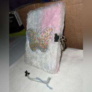 Fluffy Butterfly Lock Diary for Kids - Pink and White